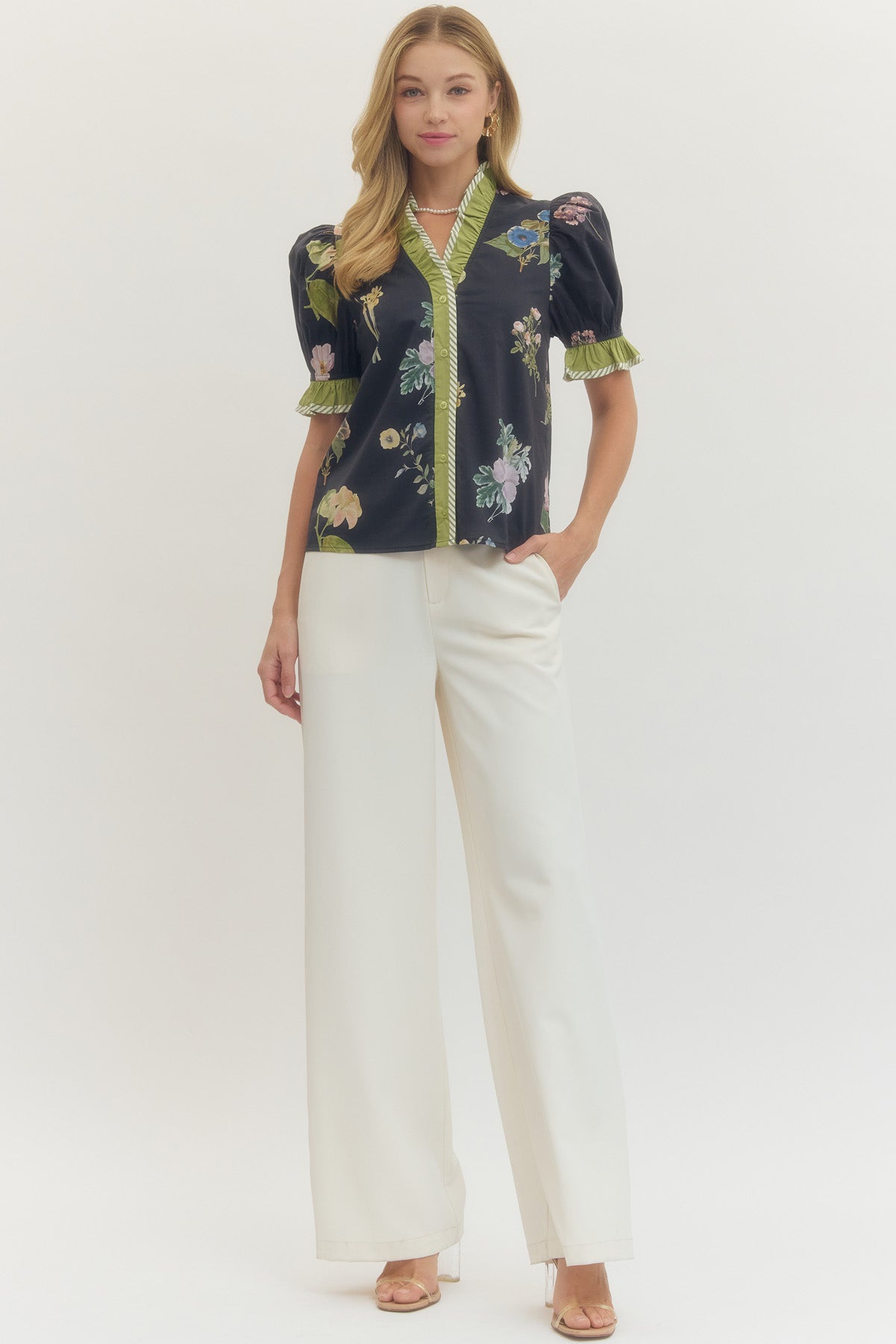 black ruffle sleeve flora top