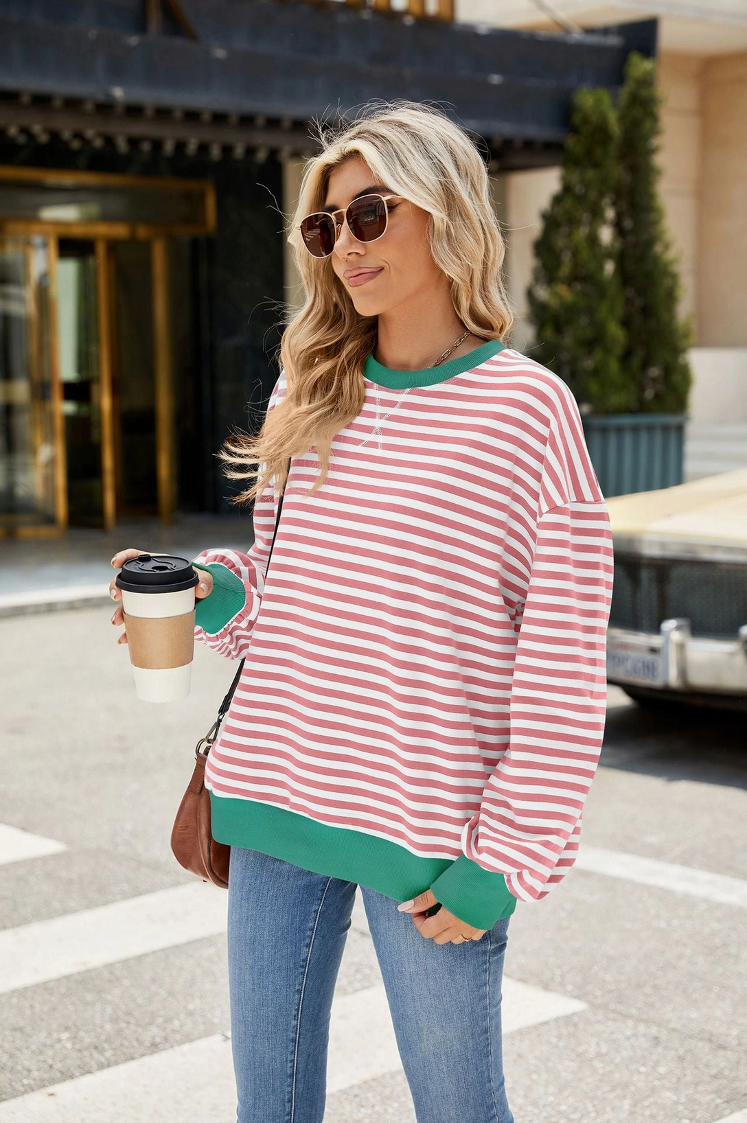 contrast stripe crewneck / pink