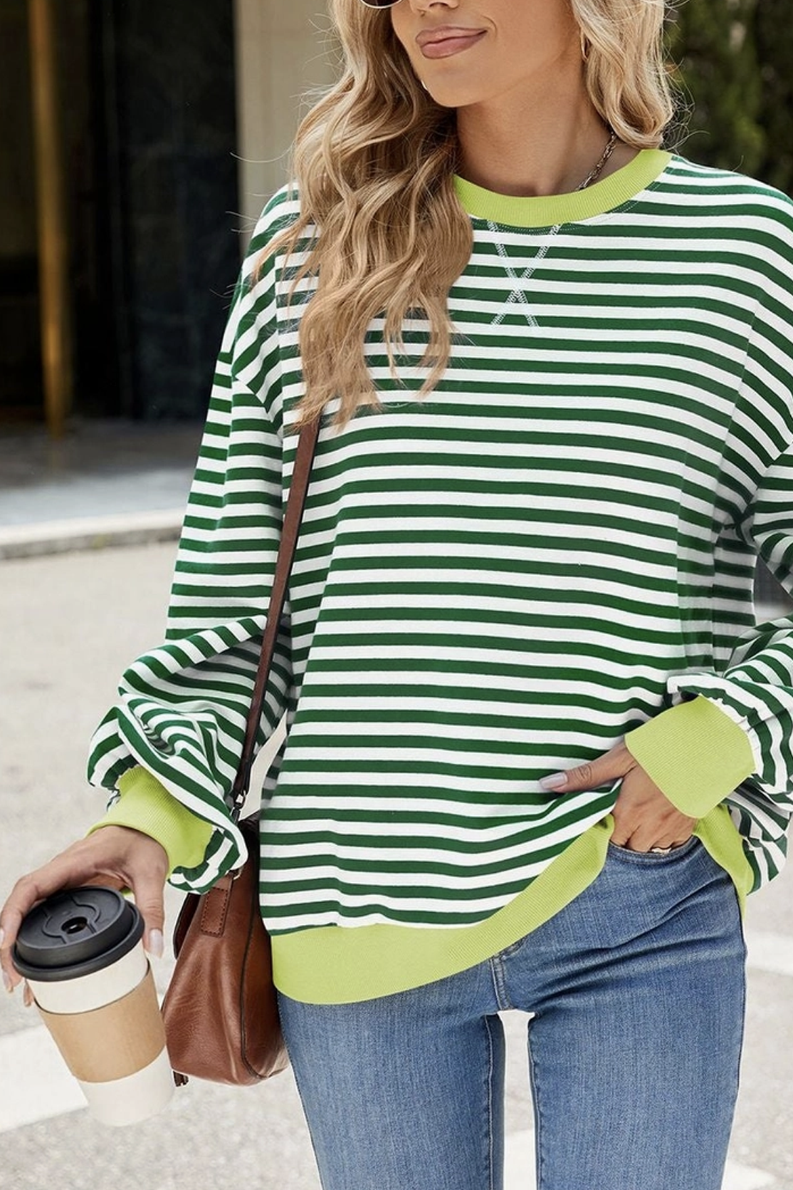 contrast striped crewneck / green+white