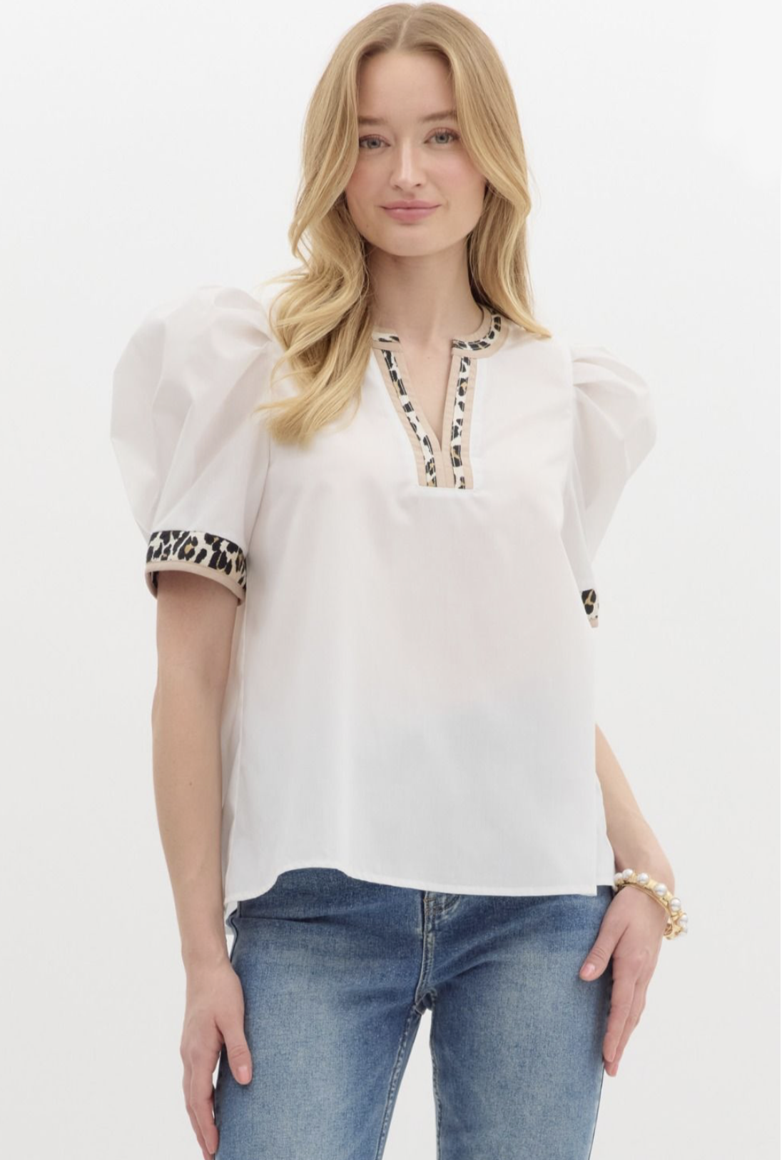 puff sleeve leopard banded top