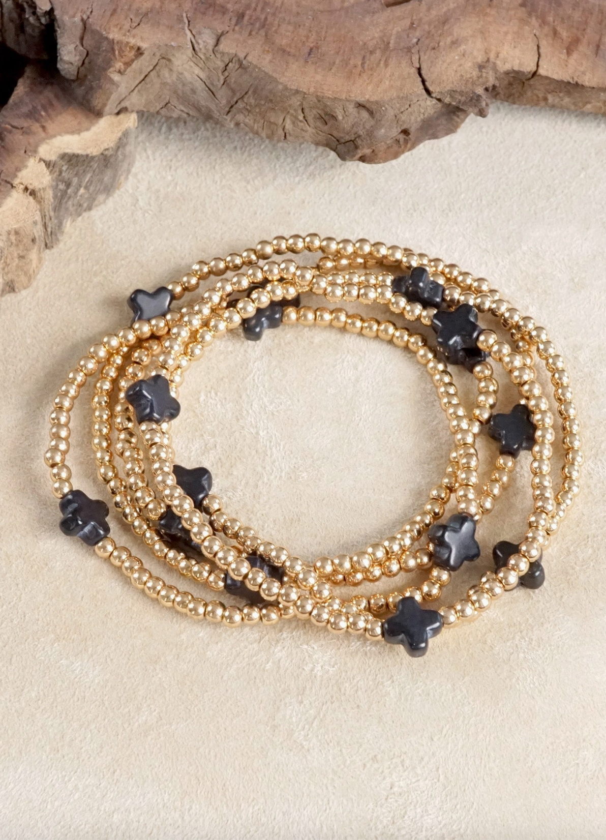 mini cross stone bracelet stack | black
