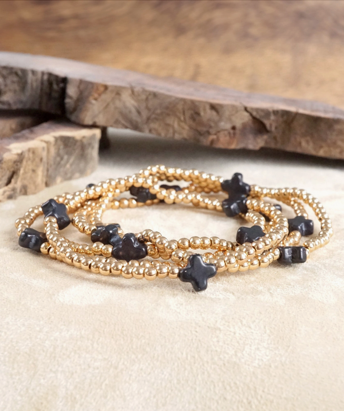 mini cross stone bracelet stack | black