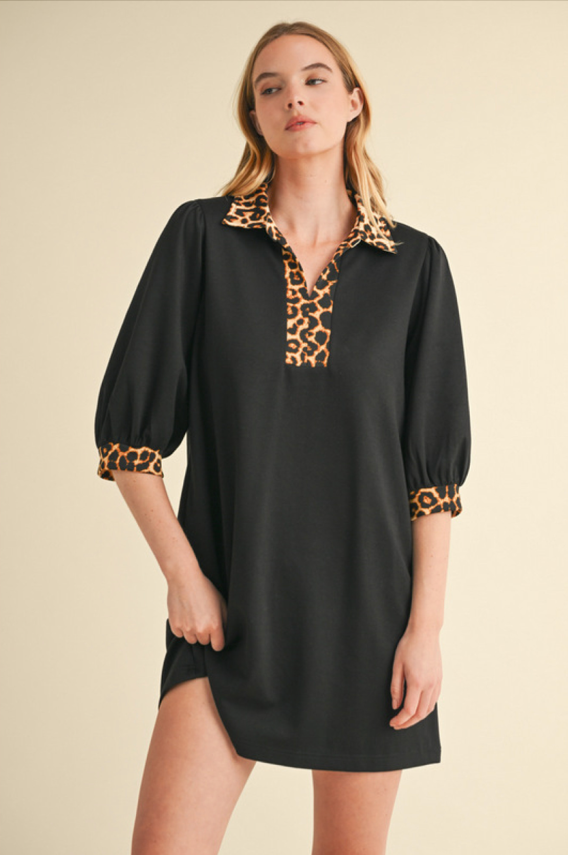 leopard contrast dress | black