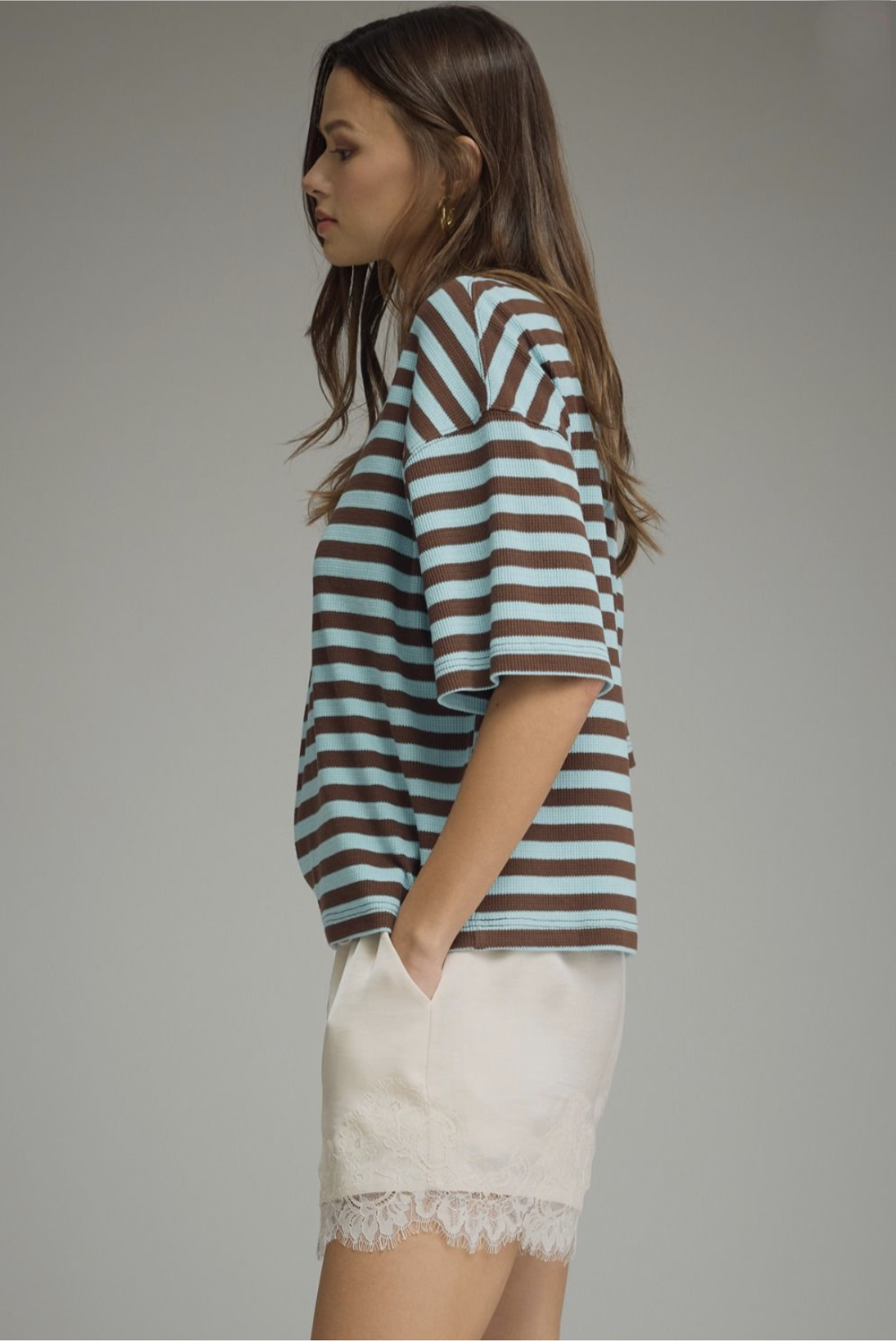 brown + blue striped top