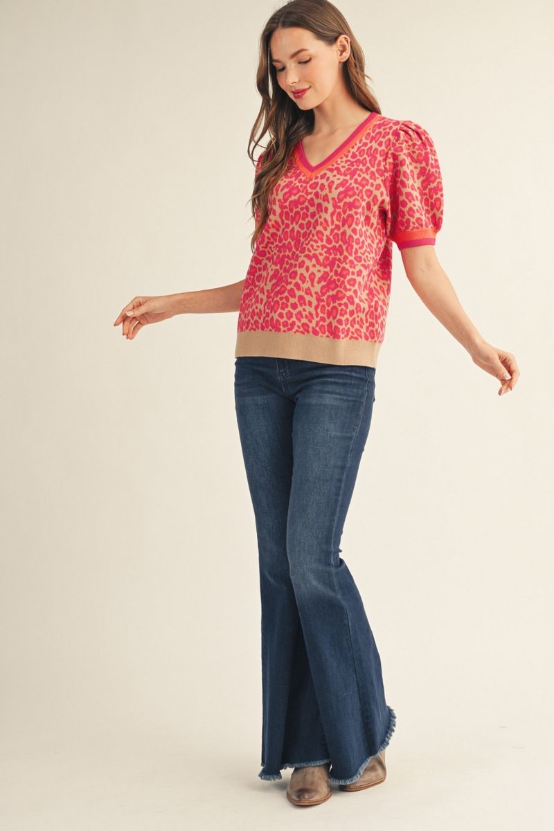 Leopard puff sleeve sweater | pink