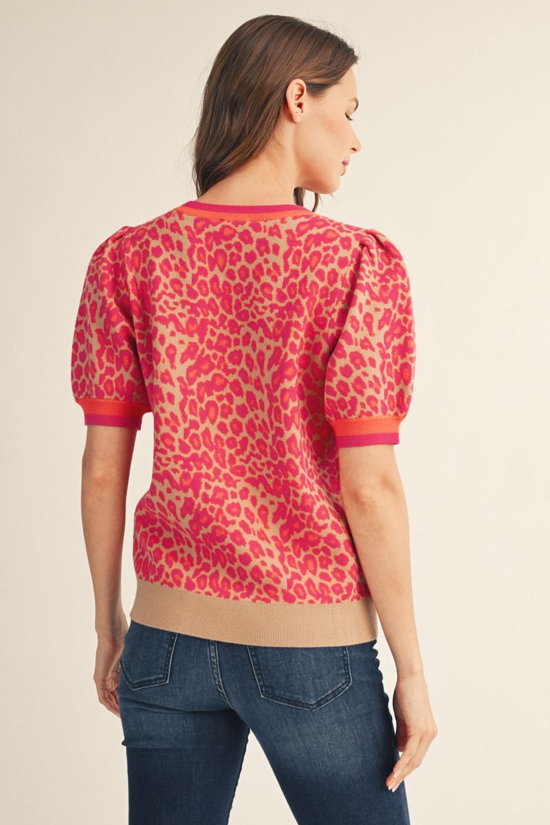 Leopard puff sleeve sweater | pink