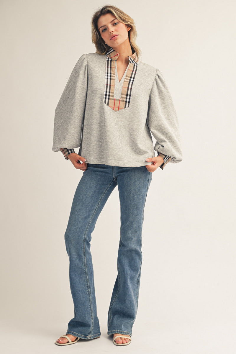 puff sleeve plaid contrast top