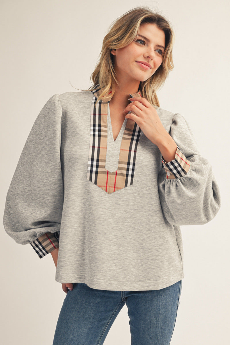 puff sleeve plaid contrast top