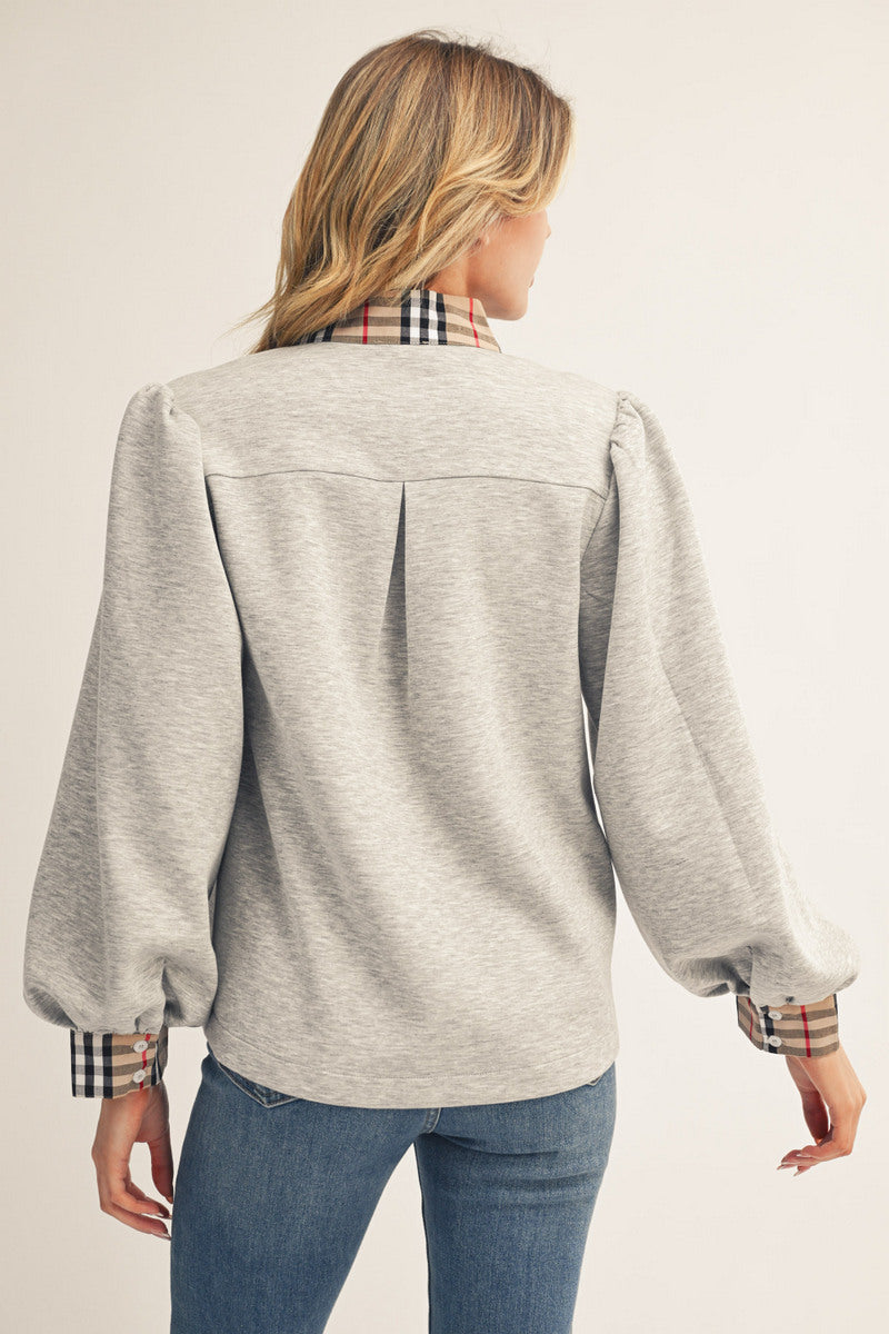 puff sleeve plaid contrast top