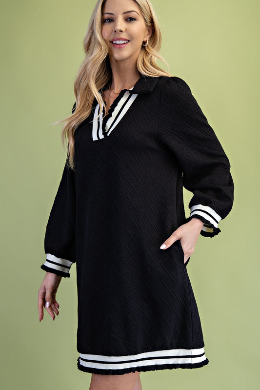 v-neck contrast band dress | black