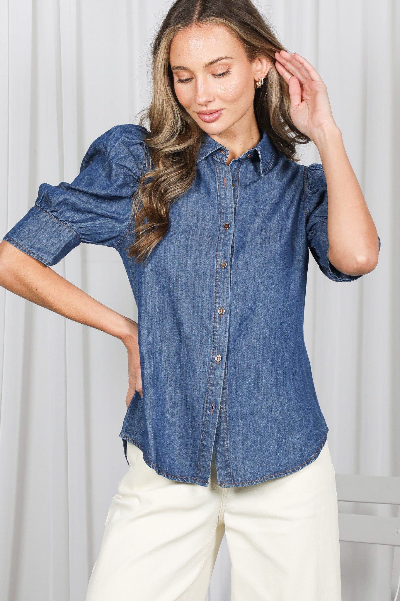 puff sleeve chambray shirt