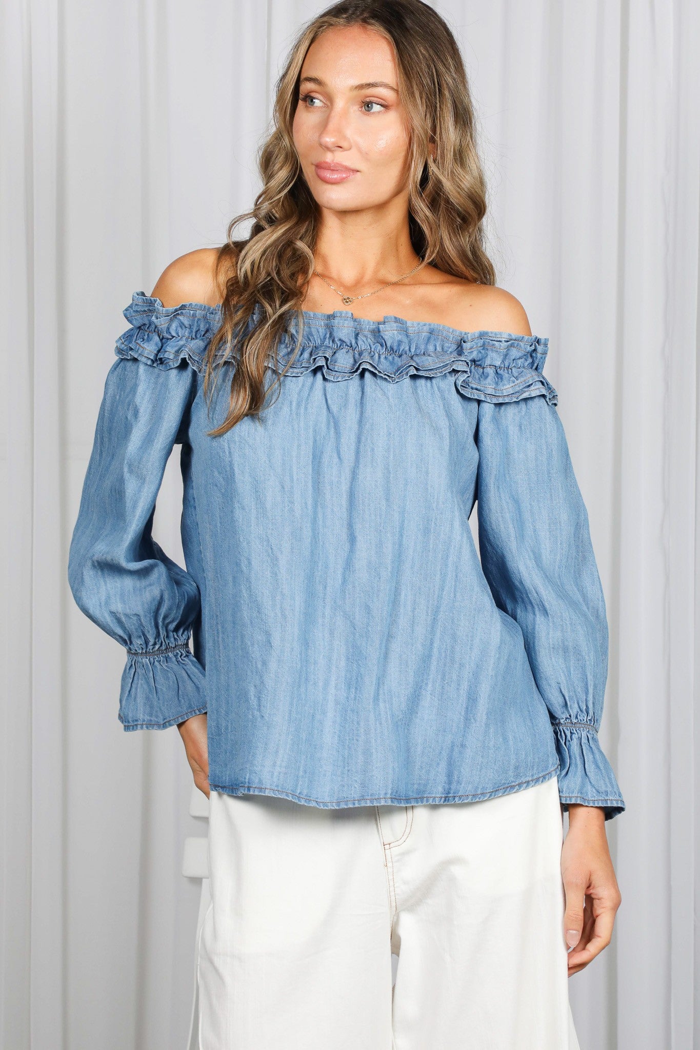 off the shoulder chambray denim blouse