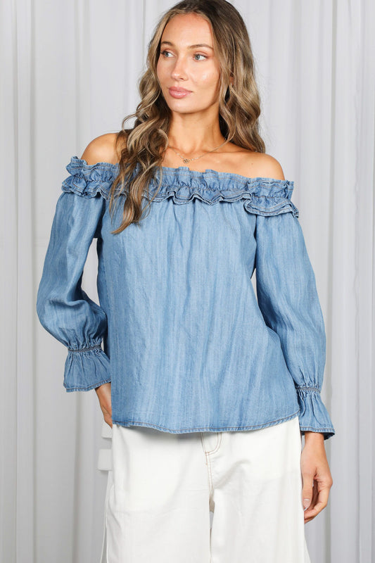off the shoulder chambray denim blouse