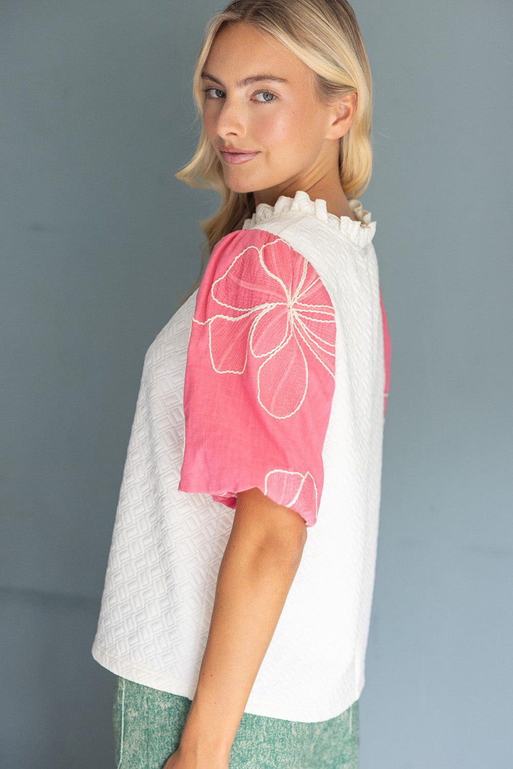 floral embroidered bubble sleeve top