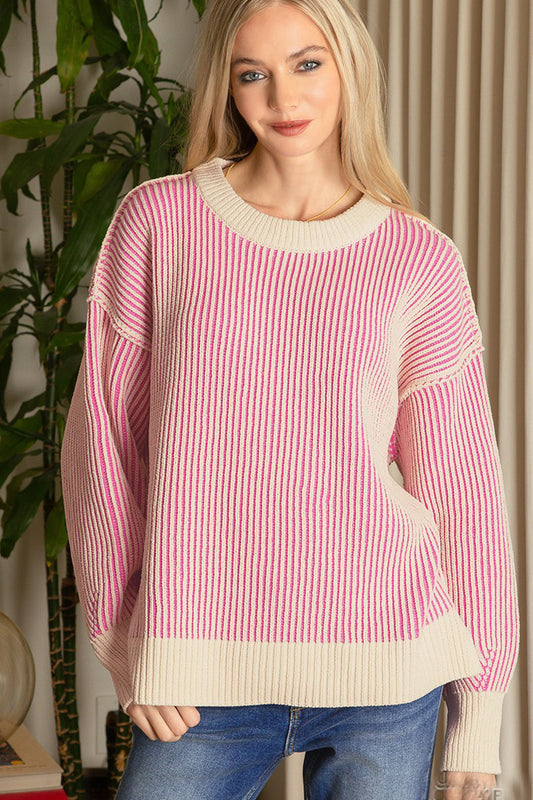 two tone ribbed sweater | pink