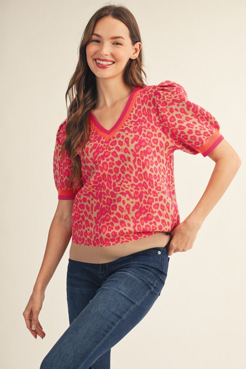 Leopard puff sleeve sweater | pink