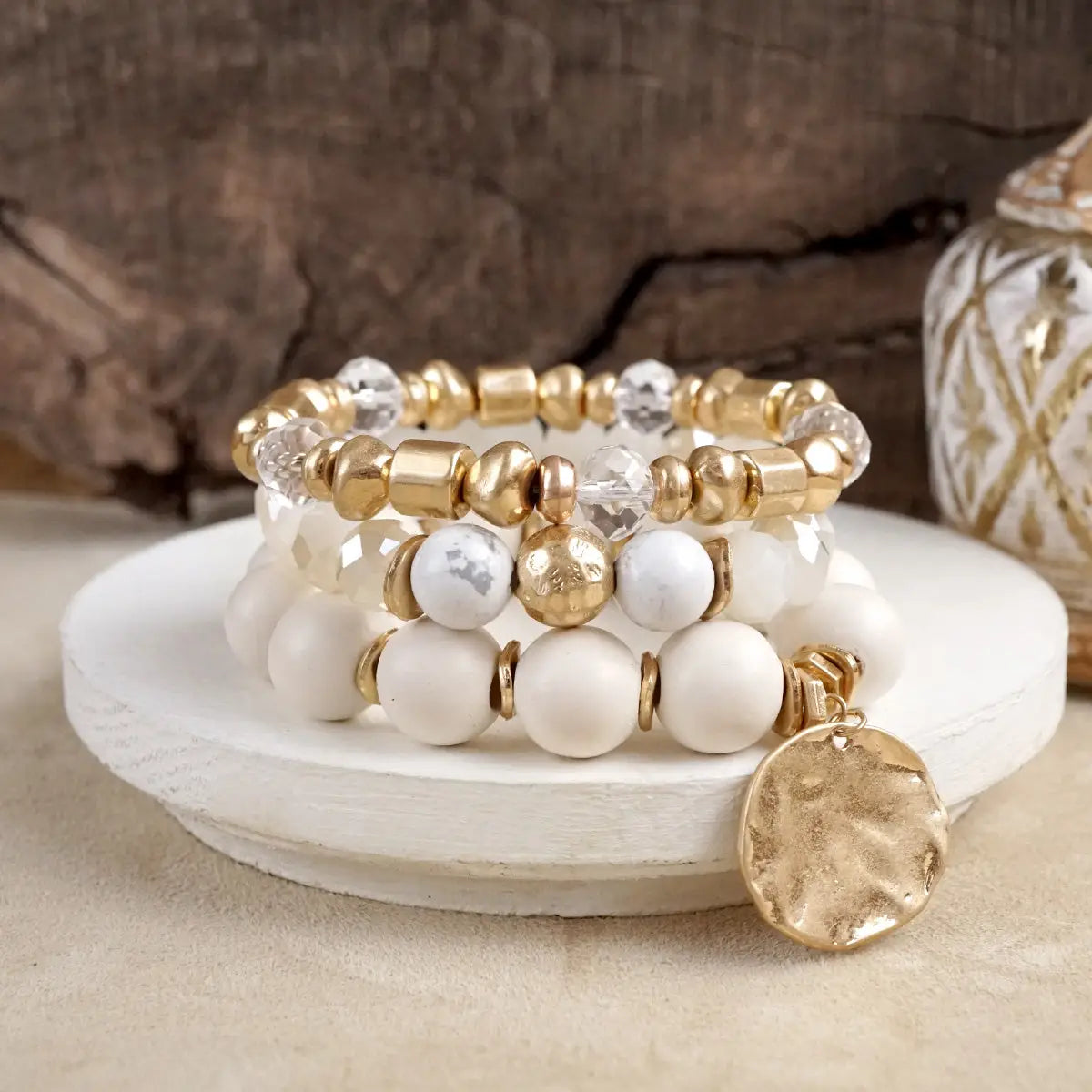 boho bead coin bracelet | cream
