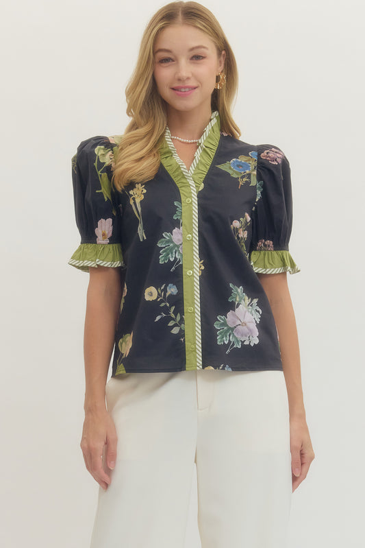 black ruffle sleeve flora top