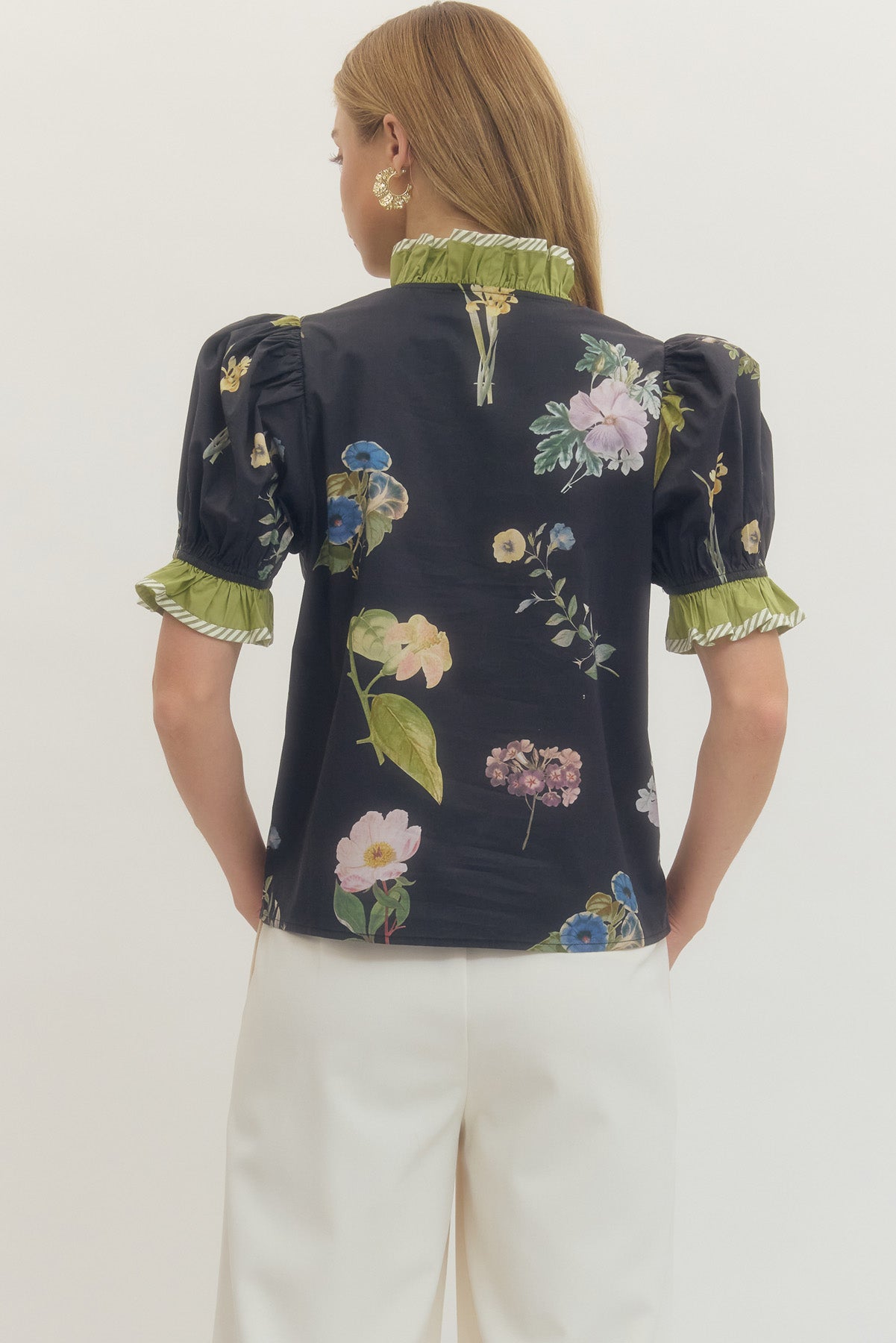 black ruffle sleeve flora top