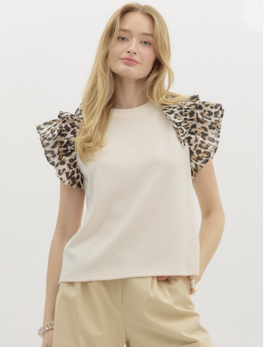 contrast sleeve leopard top | ivory