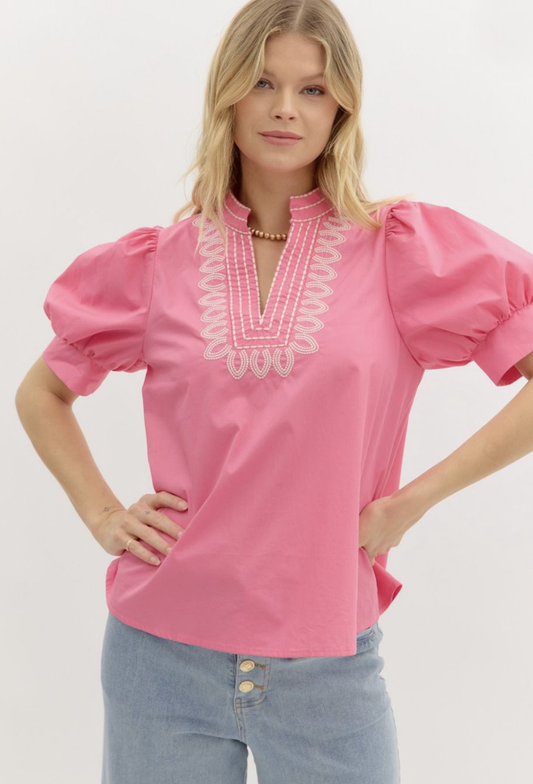 pink puff sleeved embroidered top