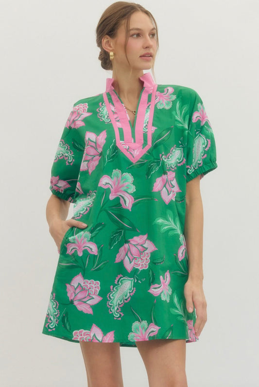 floral puff sleeve mini | green