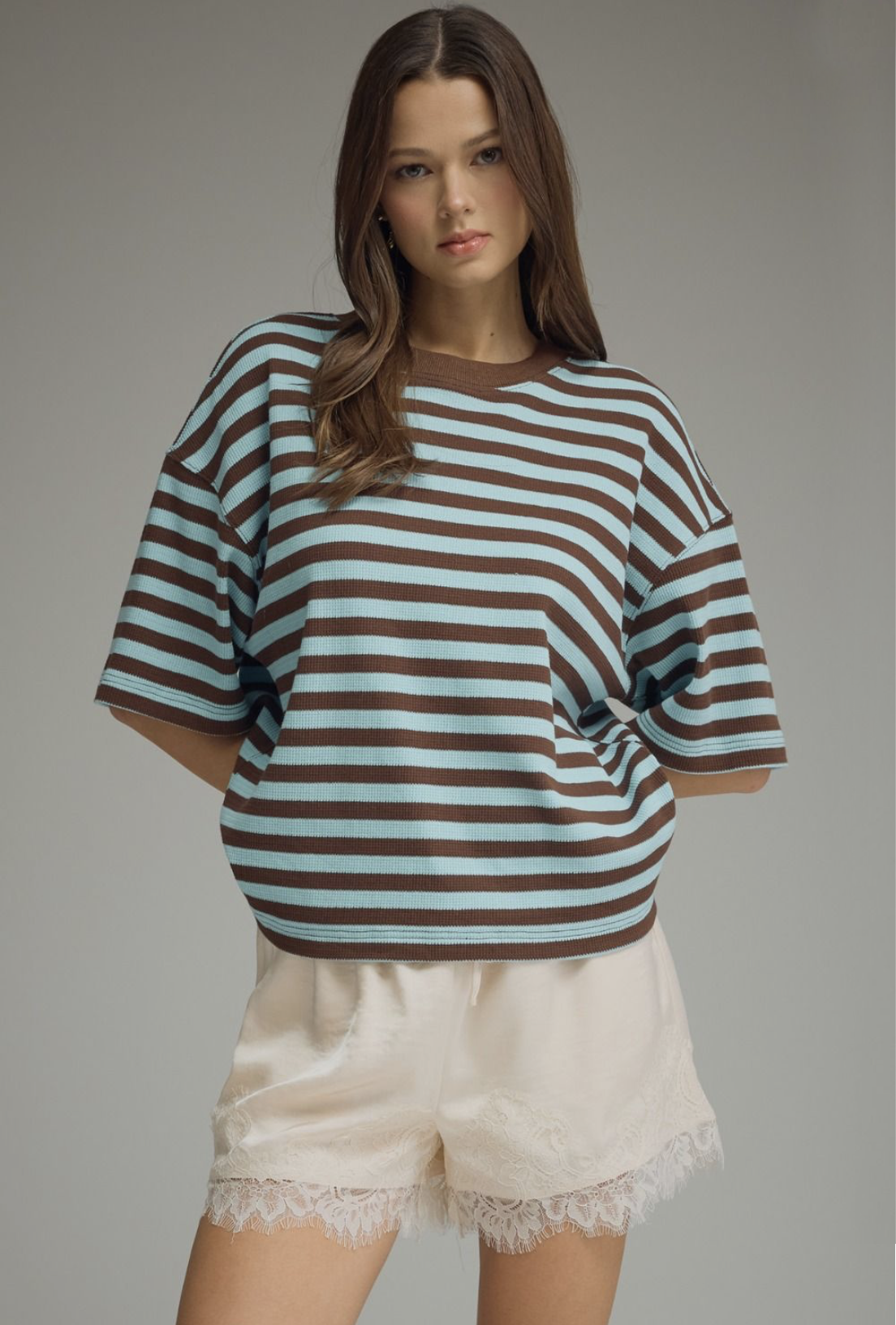 brown + blue striped top