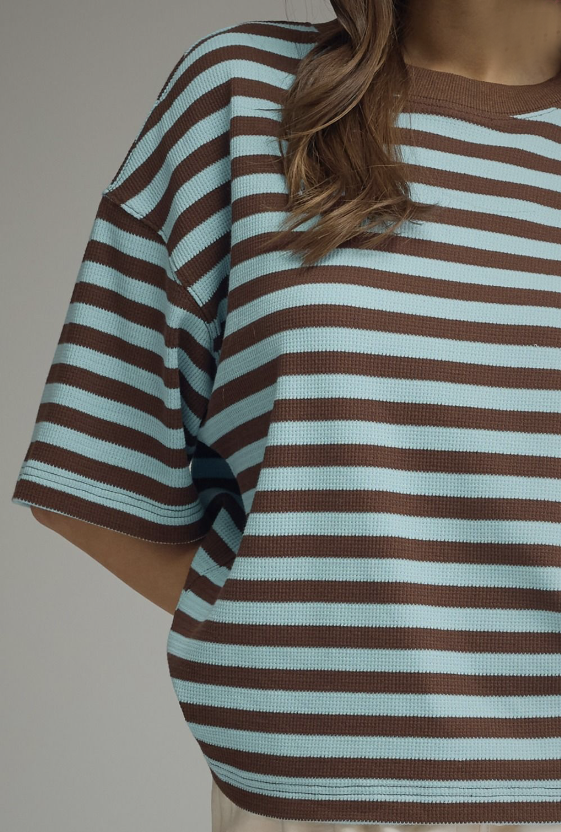 brown + blue striped top
