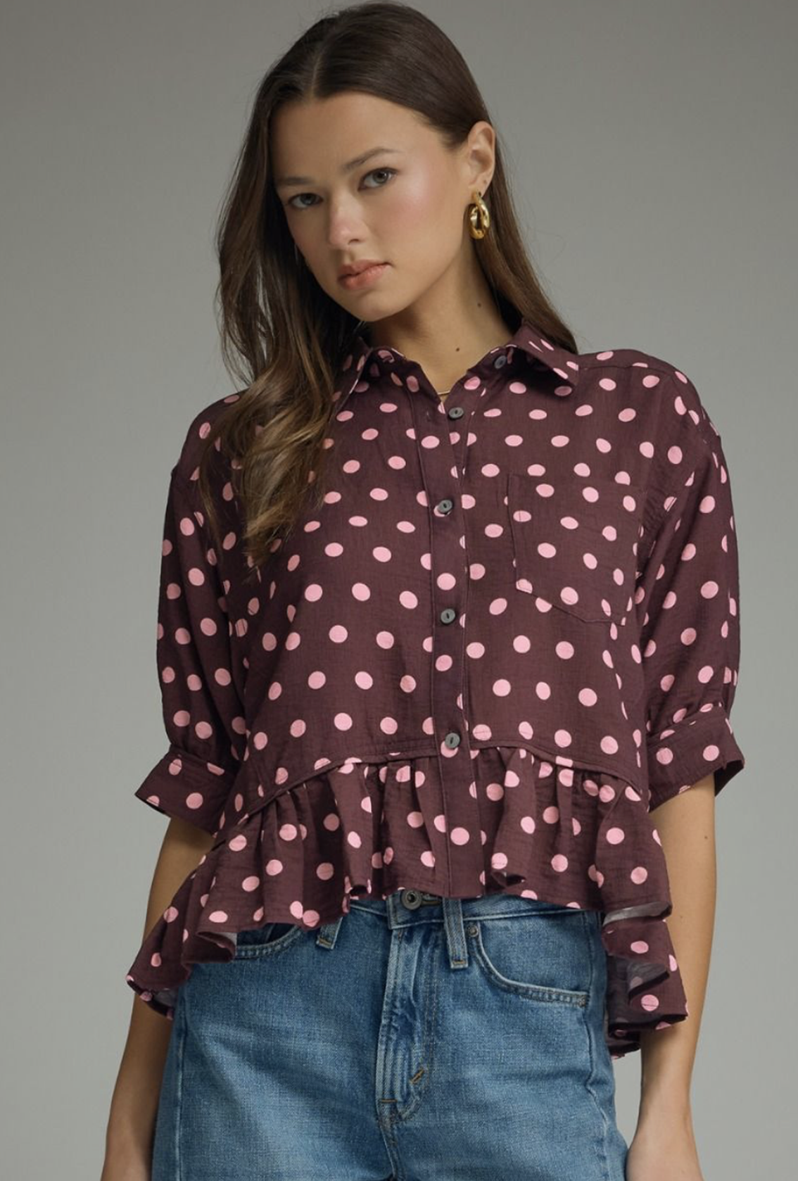 brown and pink peplum top