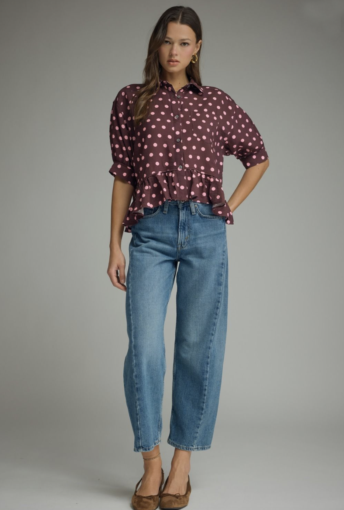 brown and pink peplum top