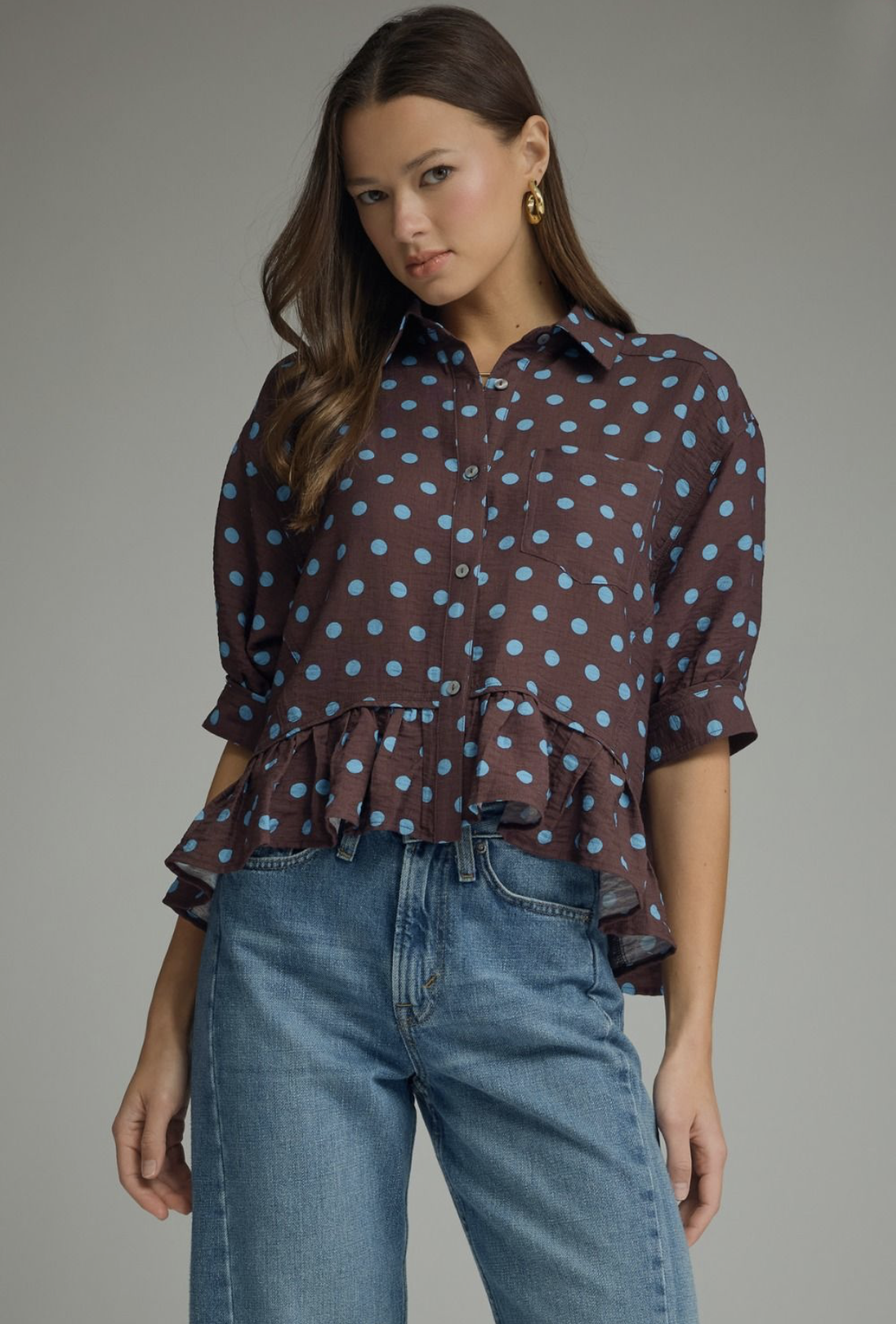 brown and blue peplum top