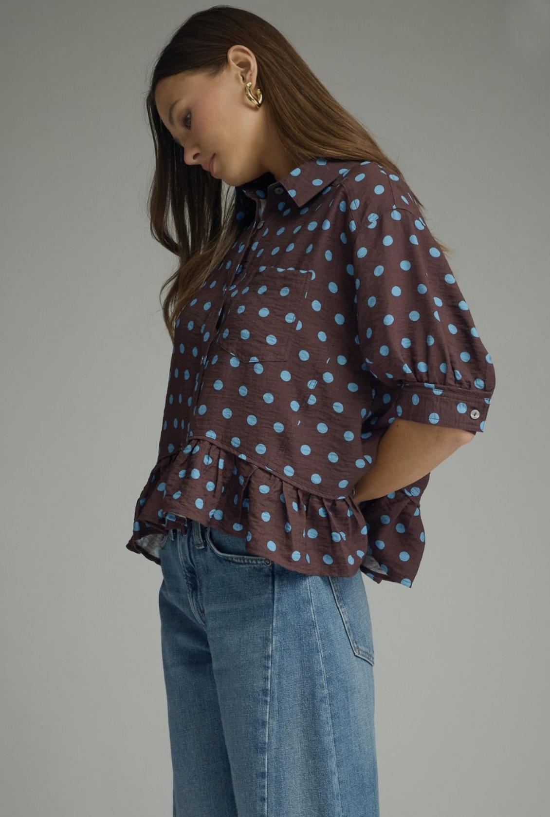 brown and blue peplum top