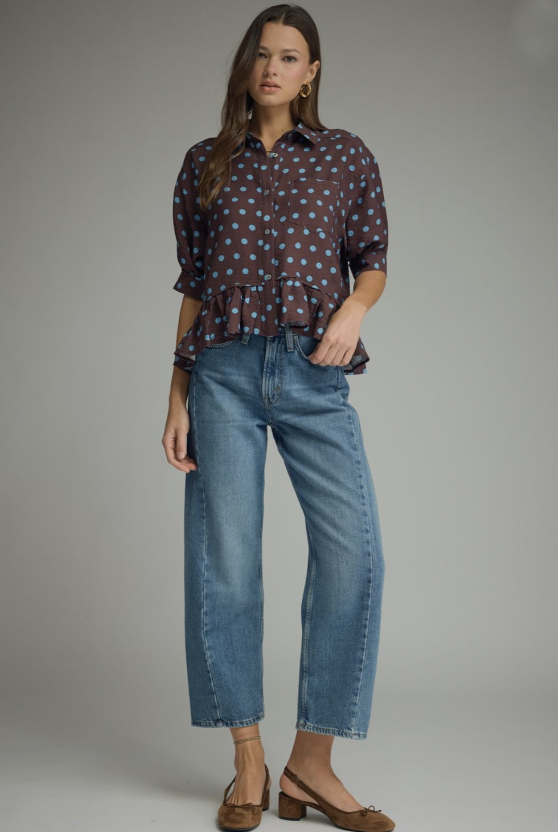 brown and blue peplum top
