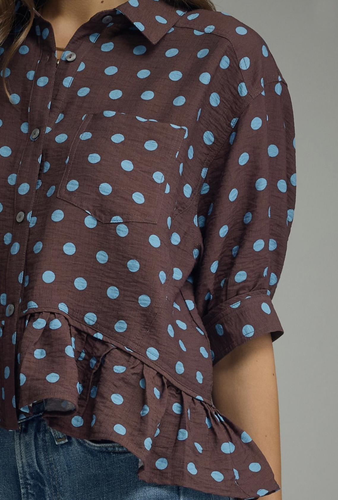 brown and blue peplum top