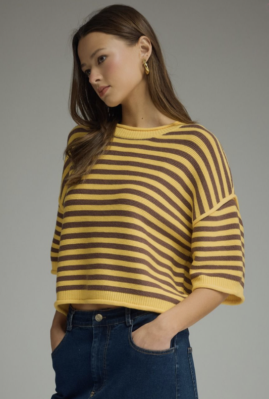yellow and brown striped sweater