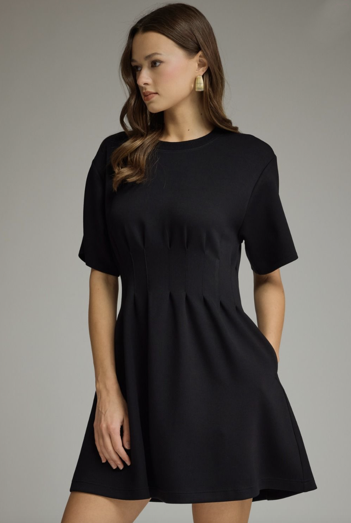 black pintuck waist dress