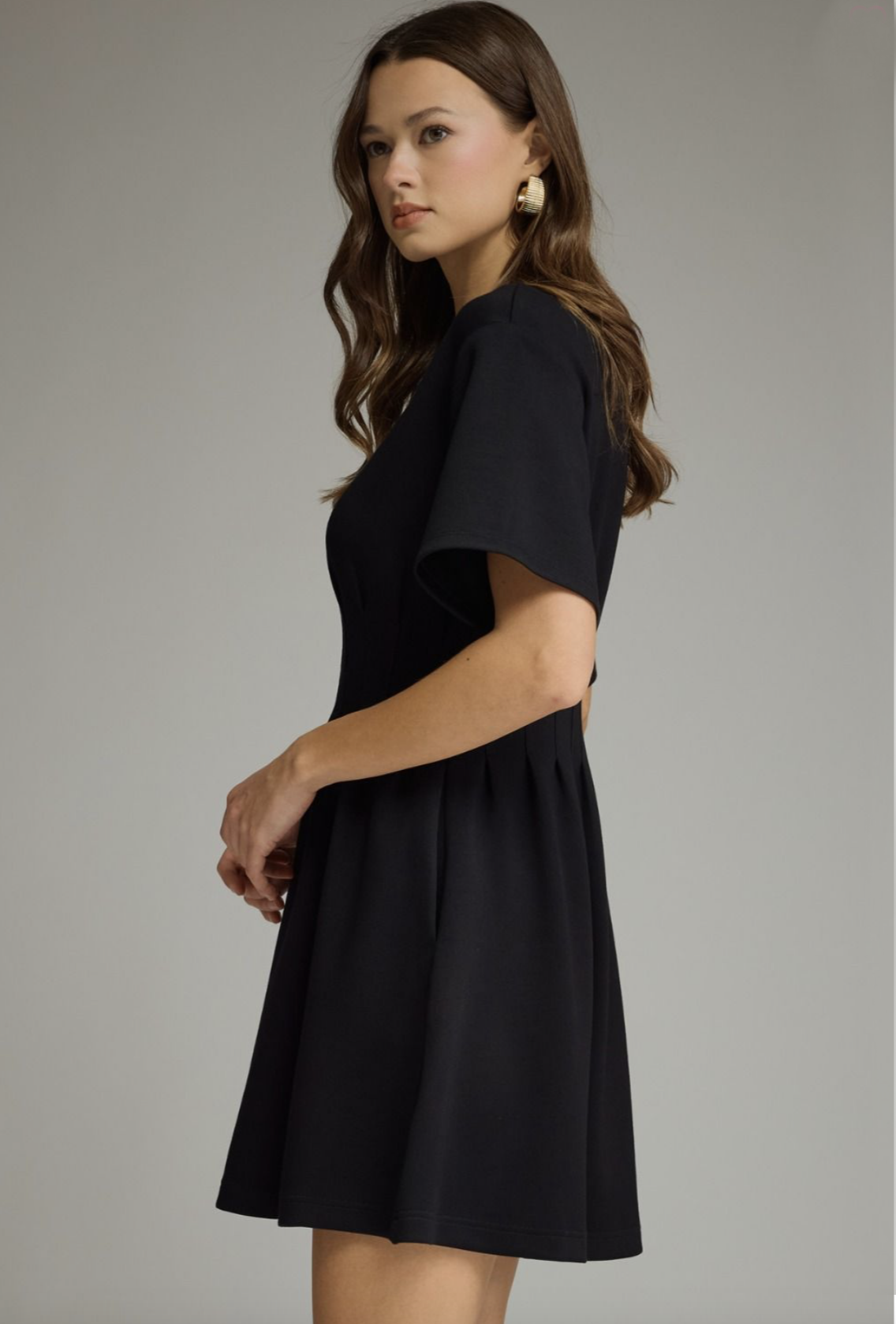 black pintuck waist dress