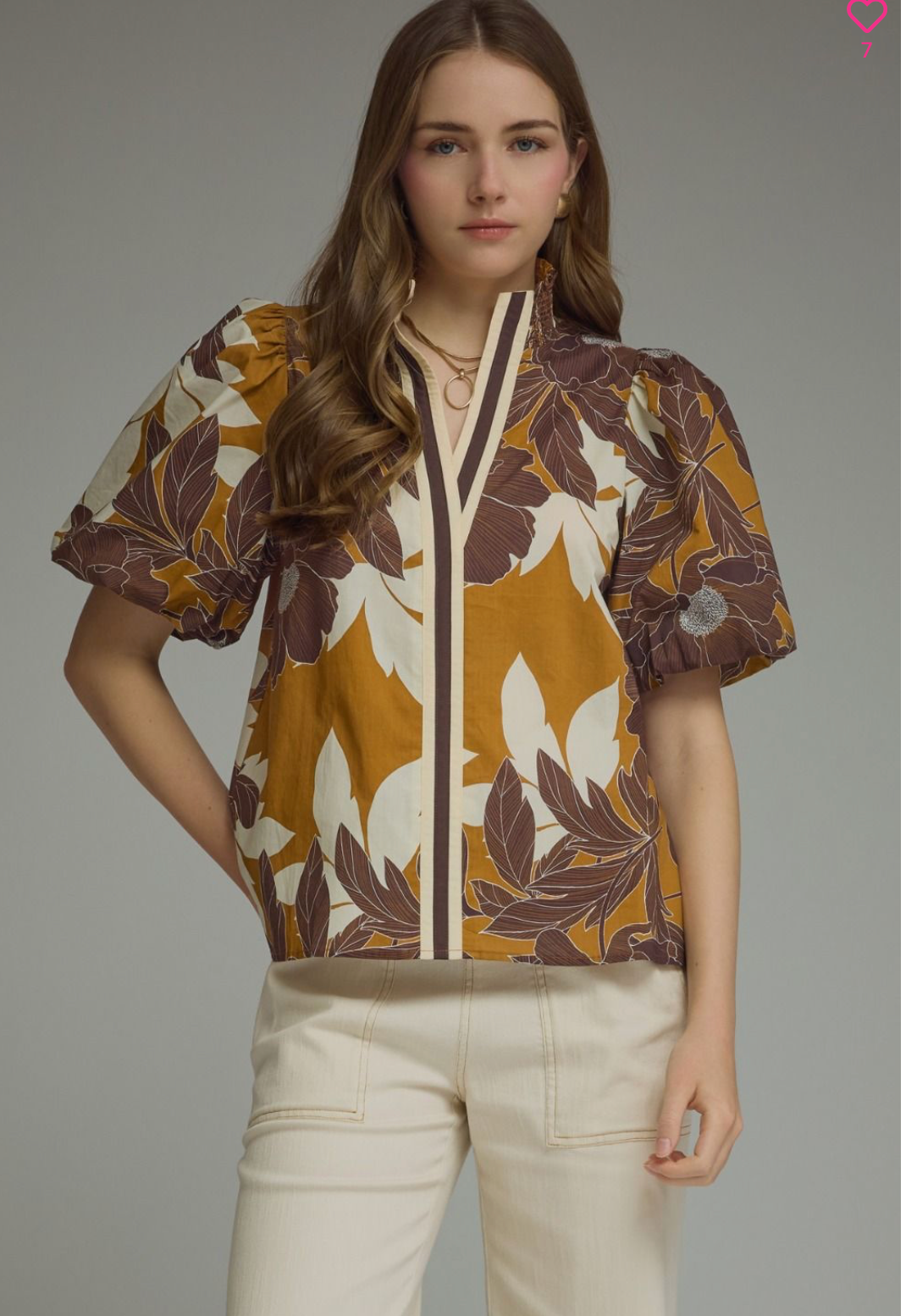 floral print puff sleeve top | camel