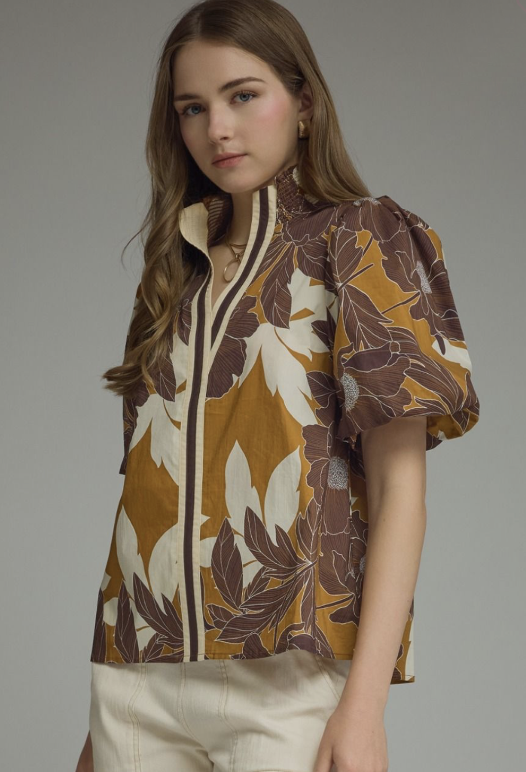 floral print puff sleeve top | camel