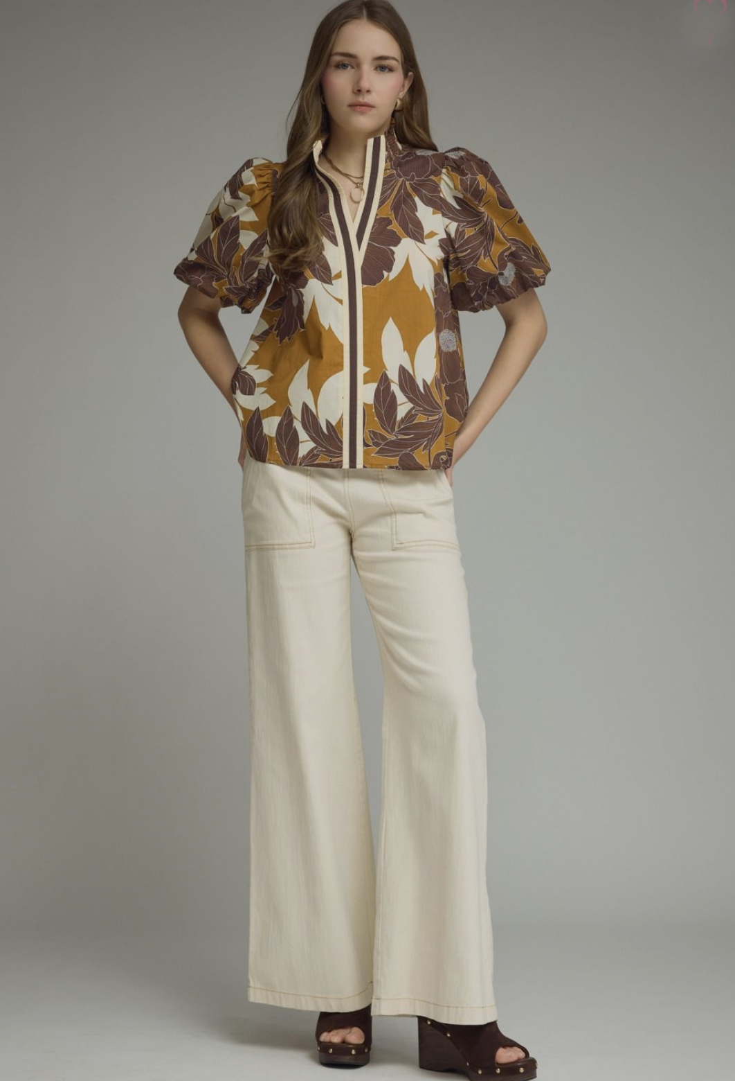 floral print puff sleeve top | camel