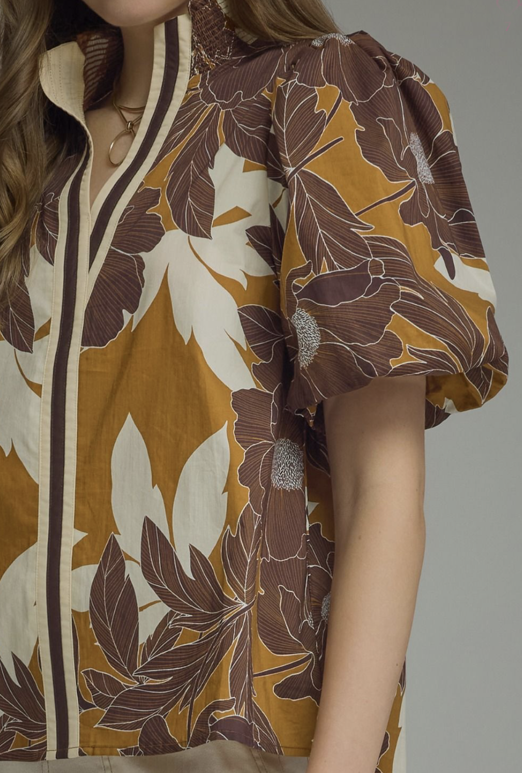 floral print puff sleeve top | camel