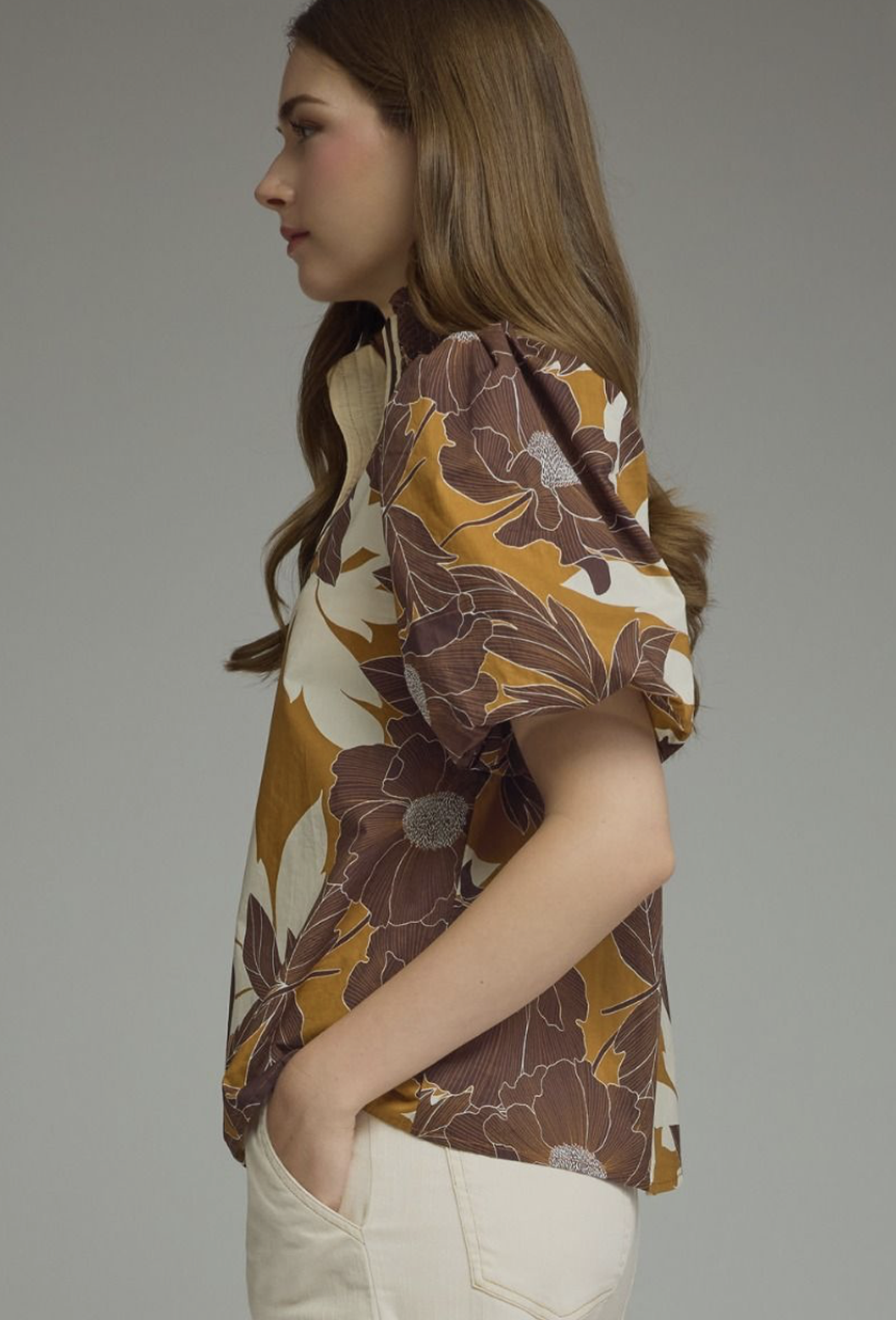 floral print puff sleeve top | camel