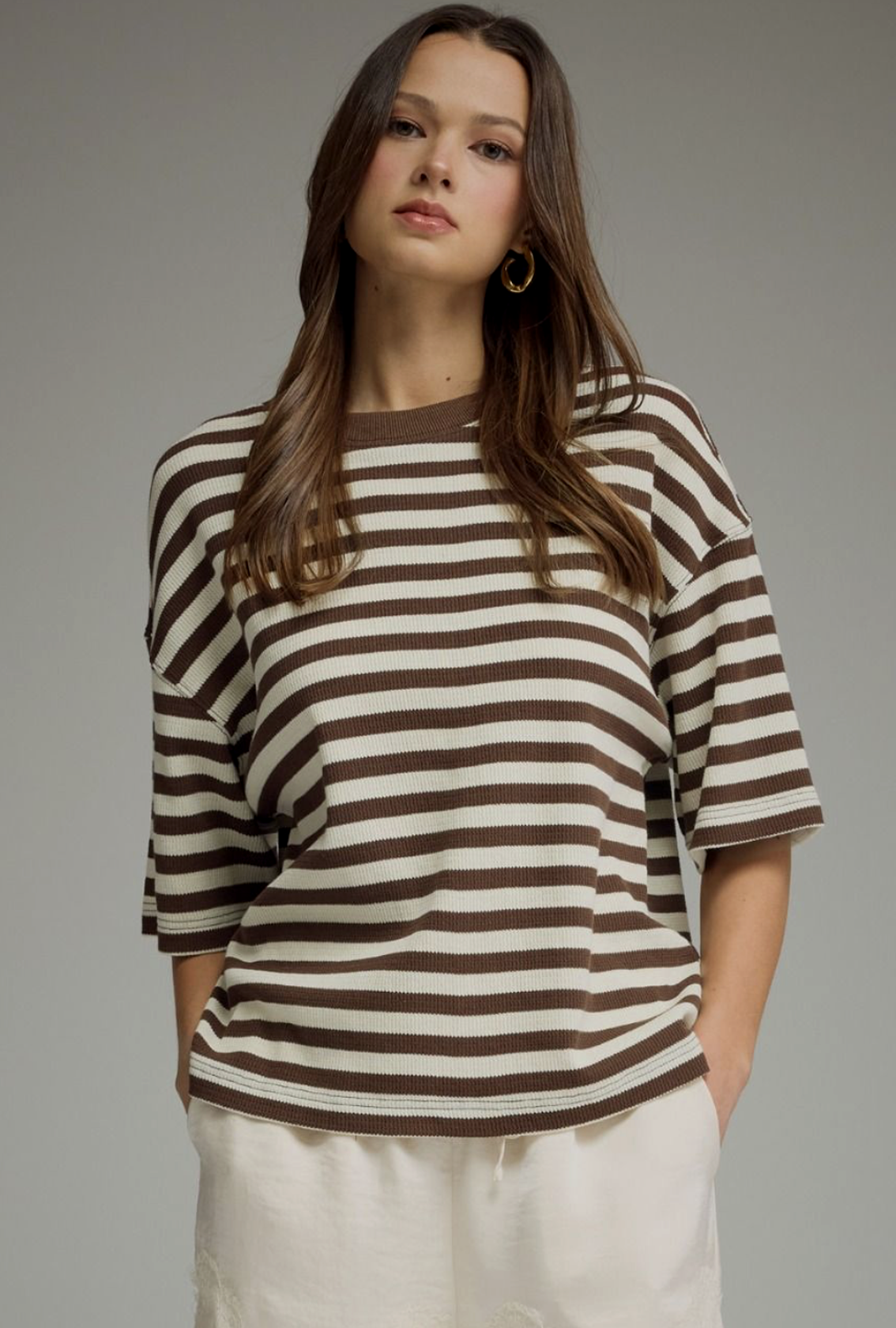 brown and ivory ribbed top