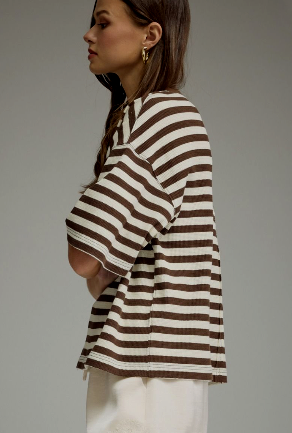 brown and ivory ribbed top
