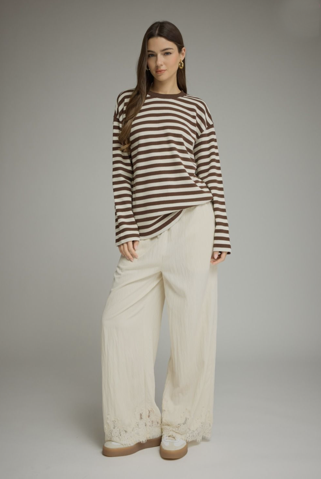 long sleeved stripe top | brown